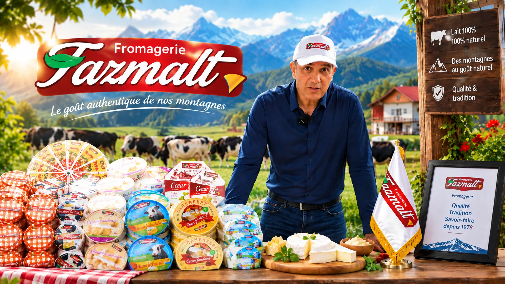 Visuel de la Fromagerie Tazmalt : logo, homme et produits devant les montagnes